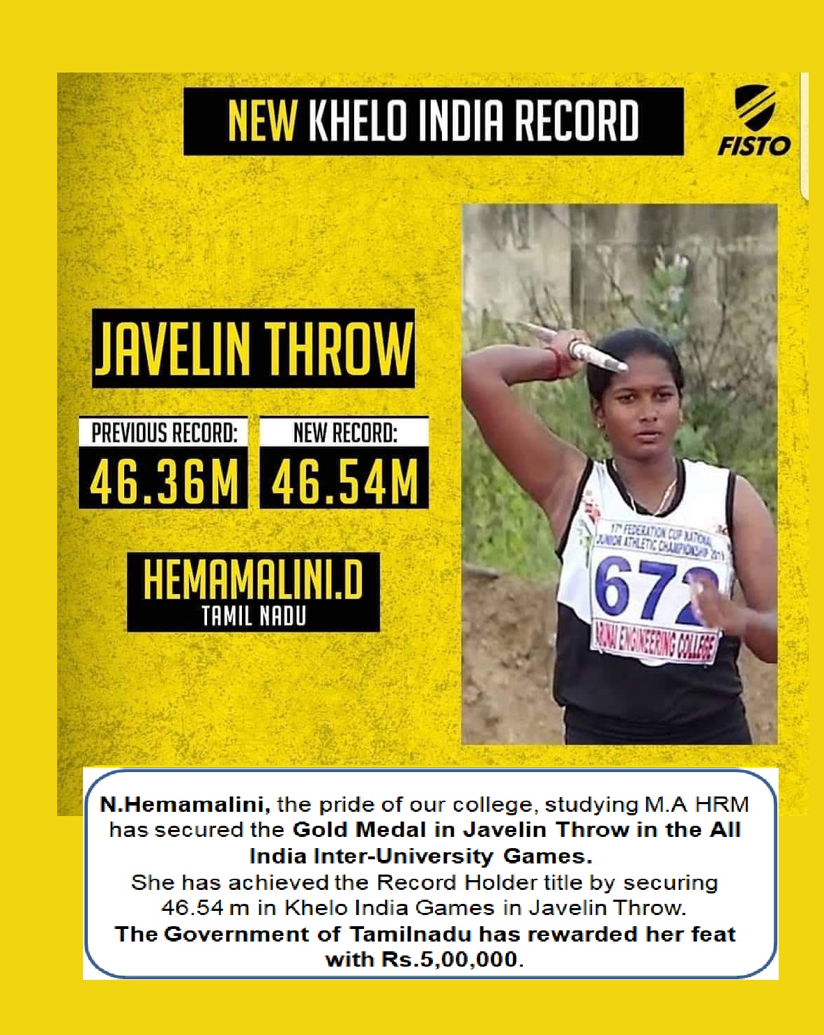N.Hemamalini, the pride of our college, studying M.A HRM has secured the Gold Medal in Javelin Throw in the All India Inter-University Games. She has achieved the Record Holder title by securing 46.54 m in Khelo India Games in Javelin Throw. The Government of Tamilnadu has rewarded her feat with Rs.5,00,000.