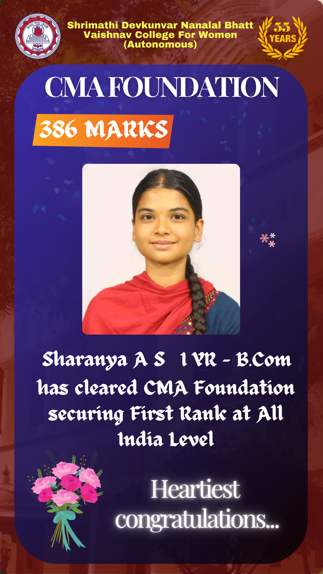 Sharanya A S has cleared CMA Foundation securing First Rank at All India Level